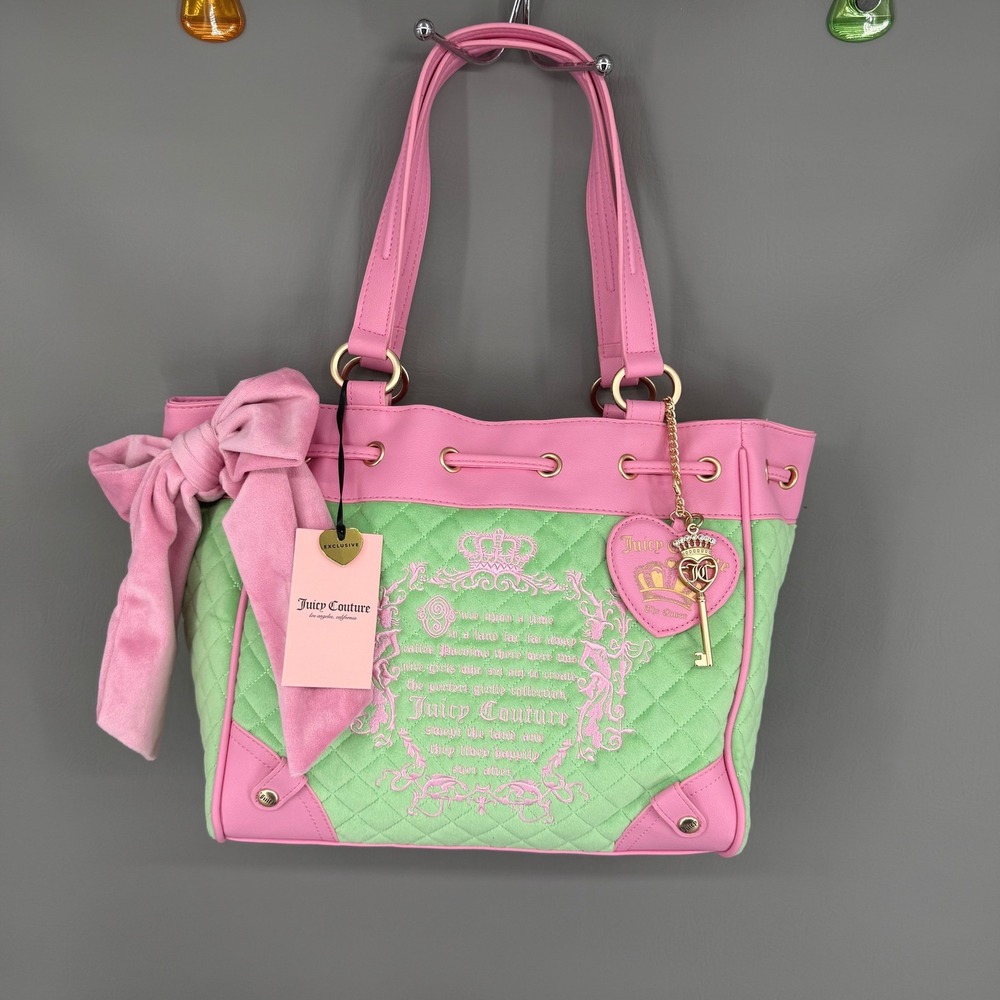 Juicy Couture Juicy Tale Daydreamer Tote Bag Green Pinkβ Quilted Velour NWT Y2K